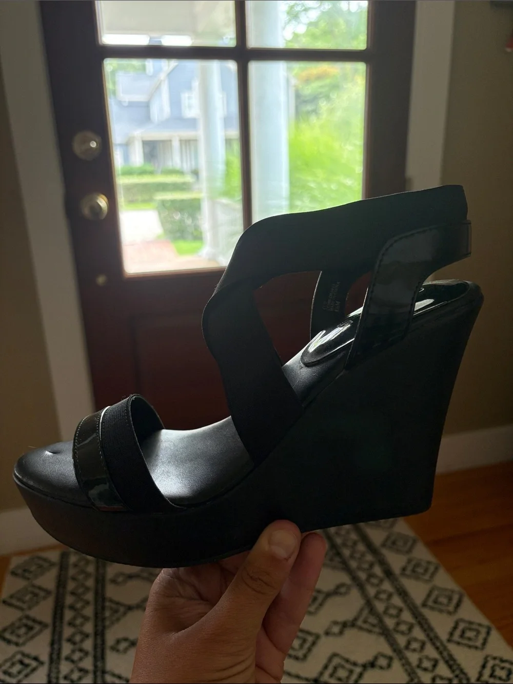 Charles by Charles David Black Elastic Strap Wedge Sandals
